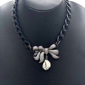 Bow Pendant Crystal mother of pearl Chunky Matt Black Chain Necklace